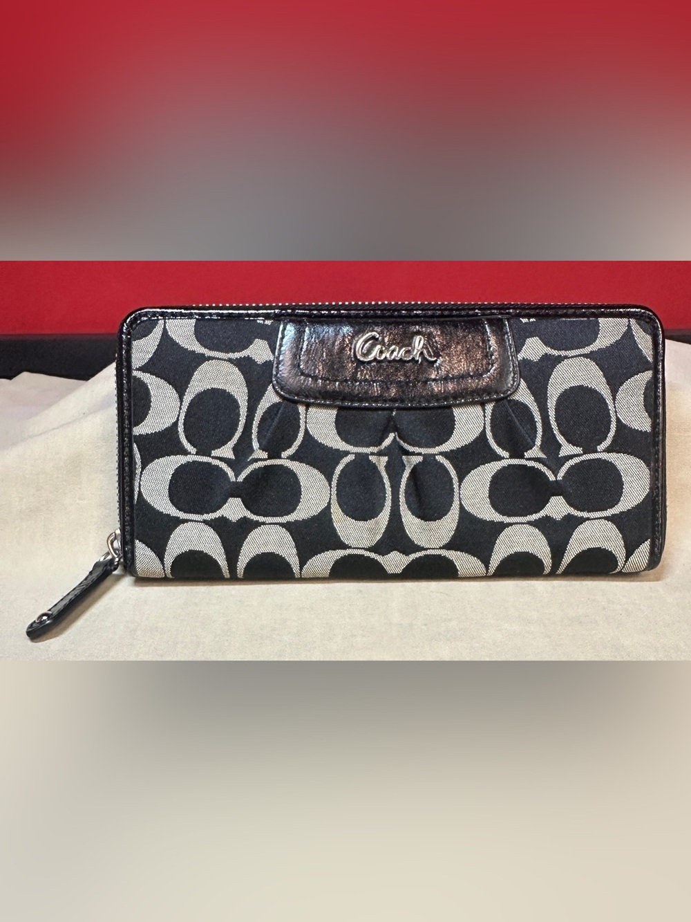 Coach Ashley Pleated Accordion Zip Around Signature Black & Gray Canvas Wallet